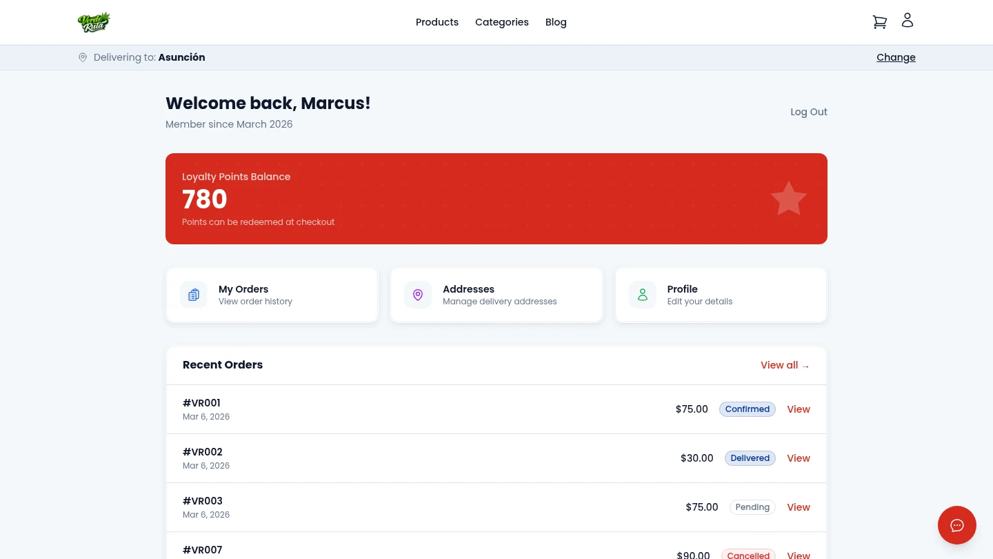 DabDash customer account dashboard with recent orders and loyalty points