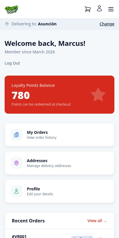DabDash customer account dashboard with recent orders and loyalty points — mobile view