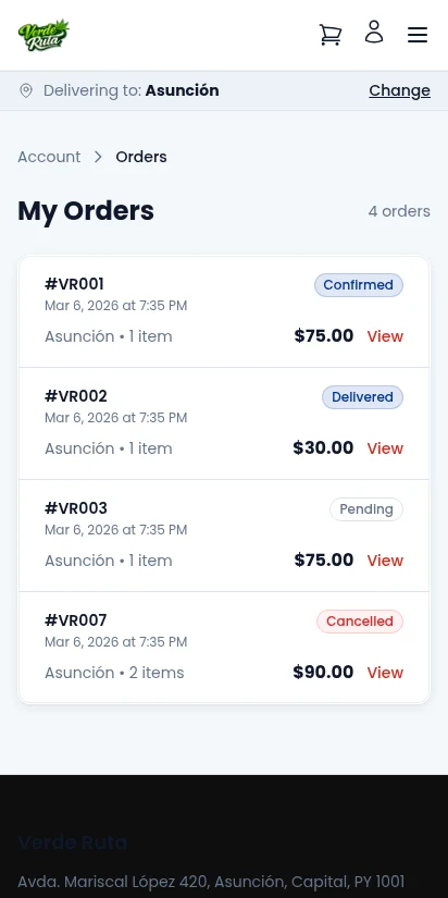 DabDash customer order history list with status badges — mobile view
