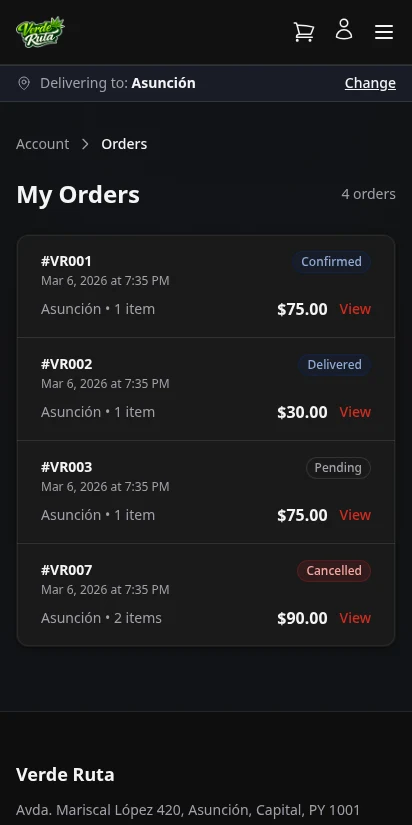 DabDash customer order history list with status badges — mobile view
