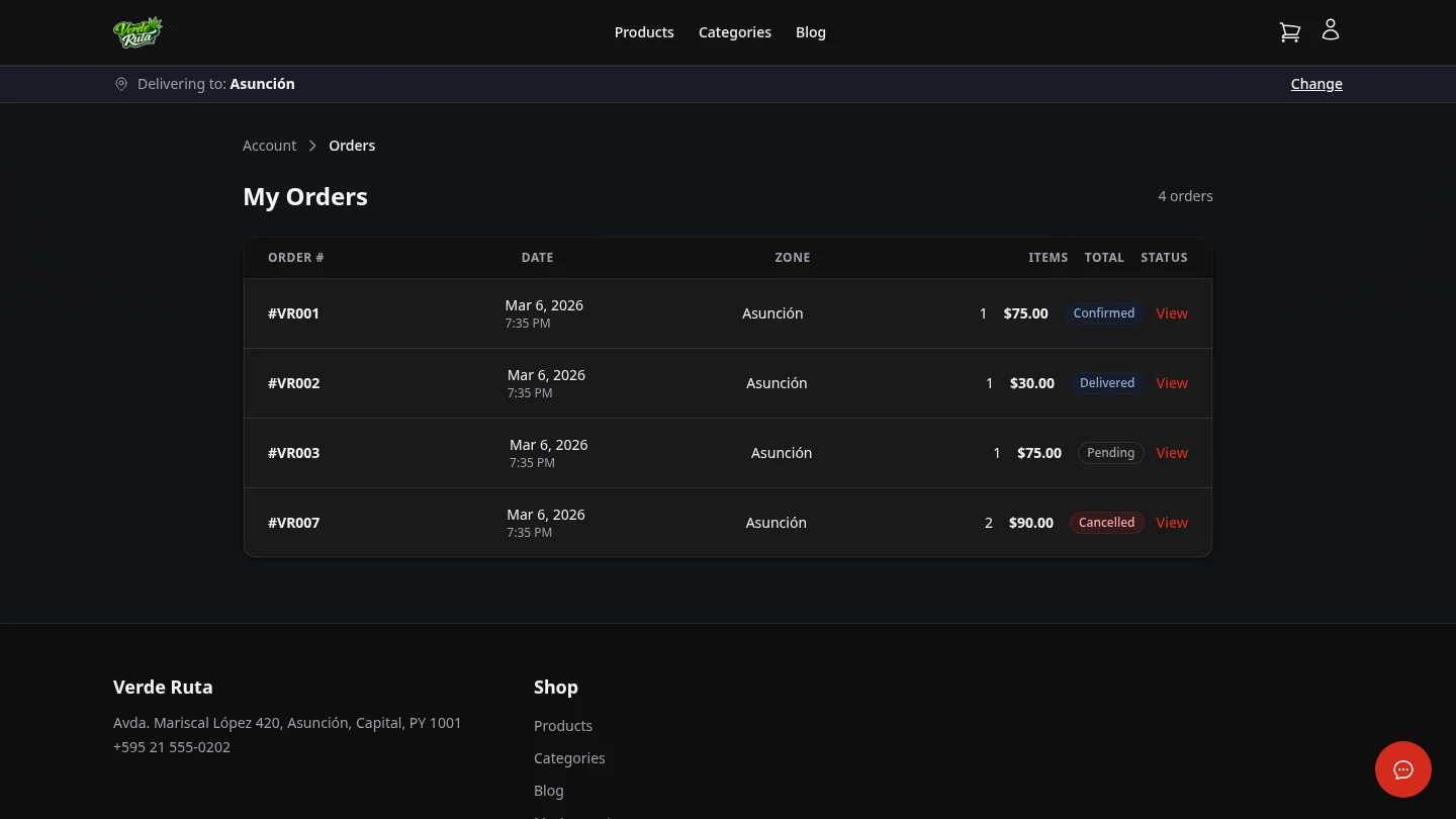 DabDash customer order history list with status badges