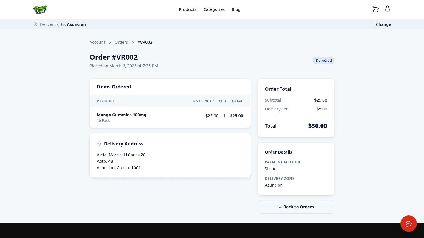 DabDash customer account order detail showing line items, delivery address, fees, and order status