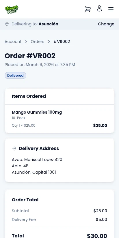 DabDash customer account order detail showing line items, delivery address, fees, and order status — mobile view