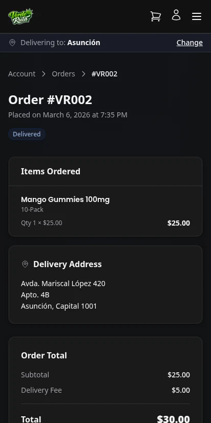 DabDash customer account order detail showing line items, delivery address, fees, and order status — mobile view