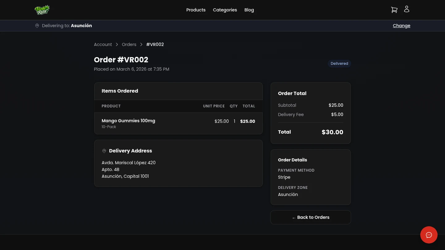 DabDash customer account order detail showing line items, delivery address, fees, and order status