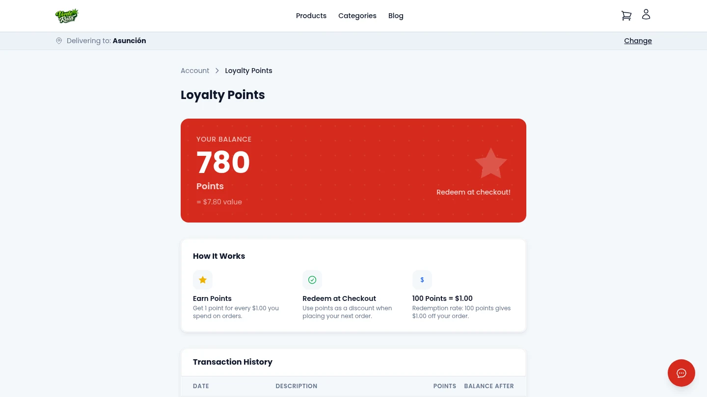 DabDash customer loyalty points page with transaction history