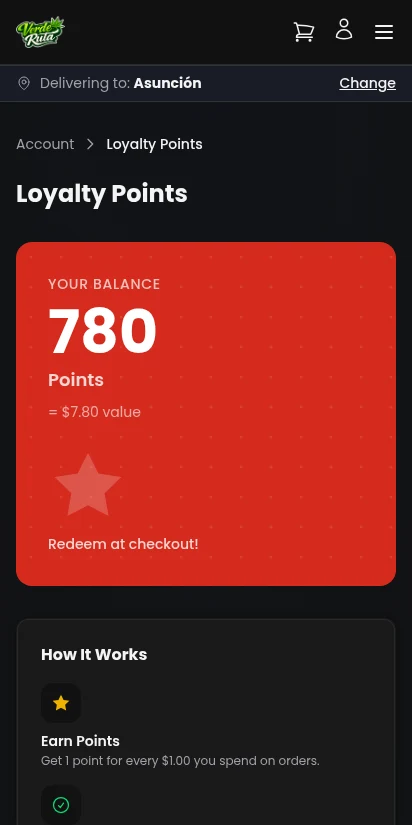 DabDash customer loyalty points page with transaction history — mobile view