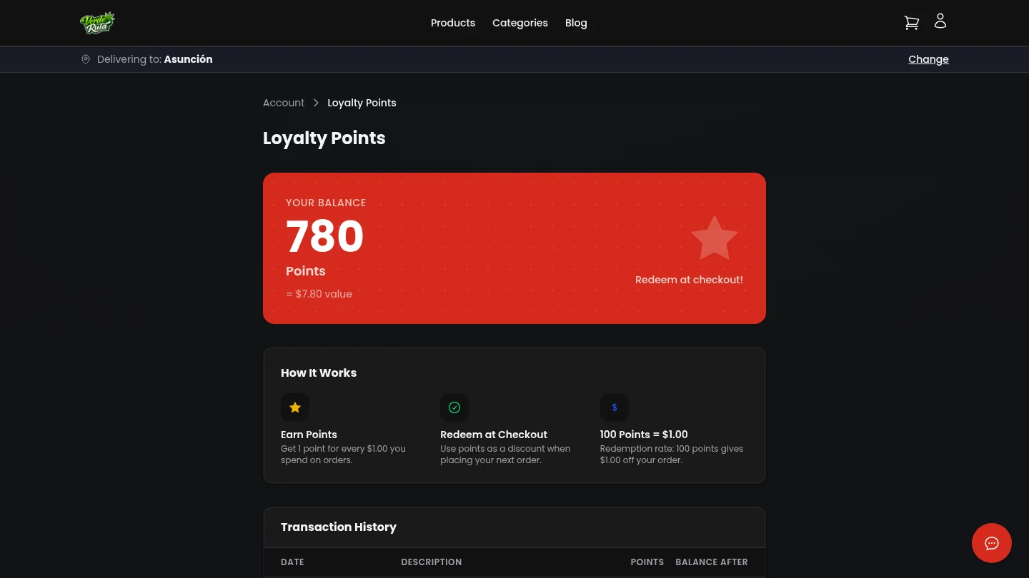 DabDash customer loyalty points page with transaction history