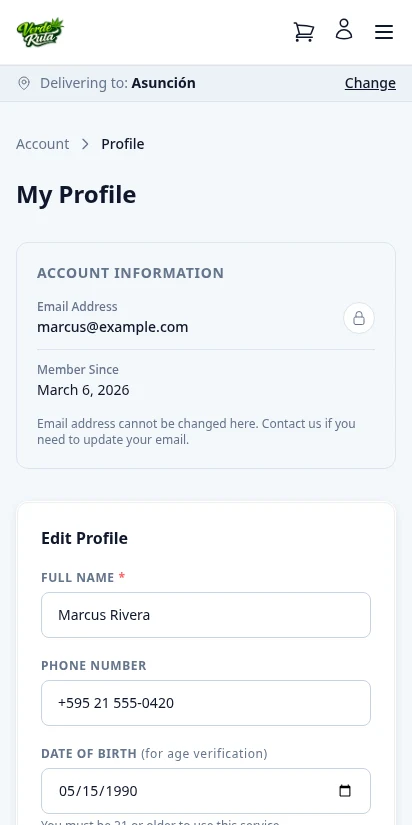 DabDash customer profile editor with name, phone, date of birth, and password change fields — mobile view