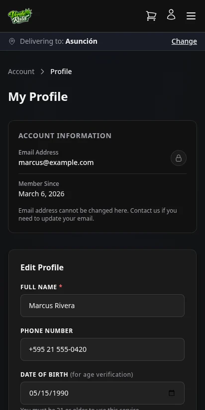 DabDash customer profile editor with name, phone, date of birth, and password change fields — mobile view