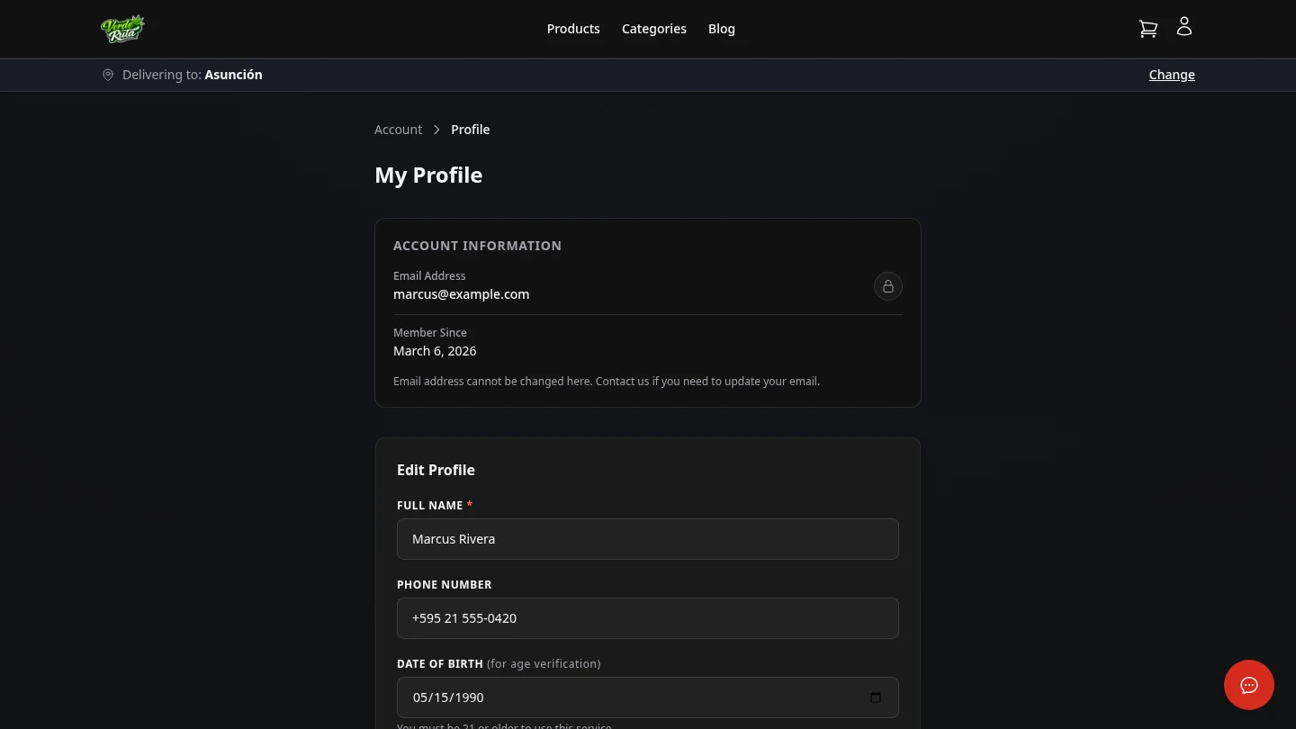 DabDash customer profile editor with name, phone, date of birth, and password change fields