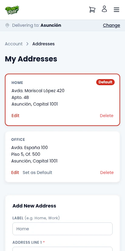 DabDash customer saved addresses management — mobile view