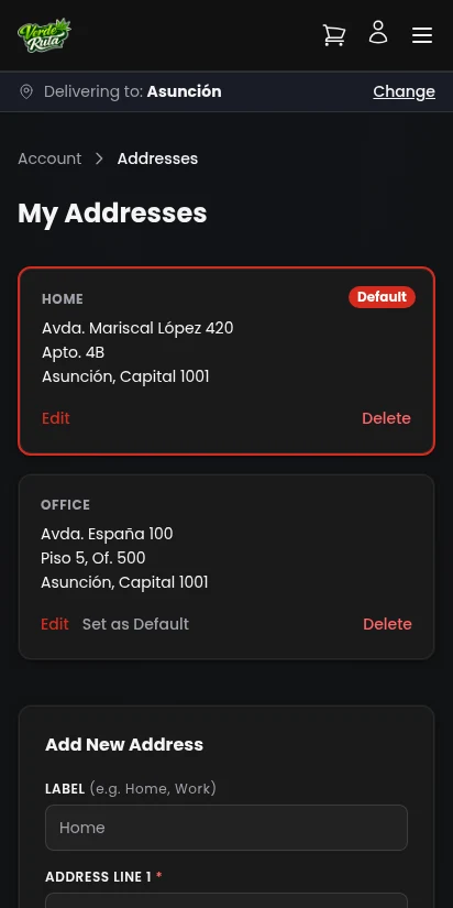 DabDash customer saved addresses management — mobile view