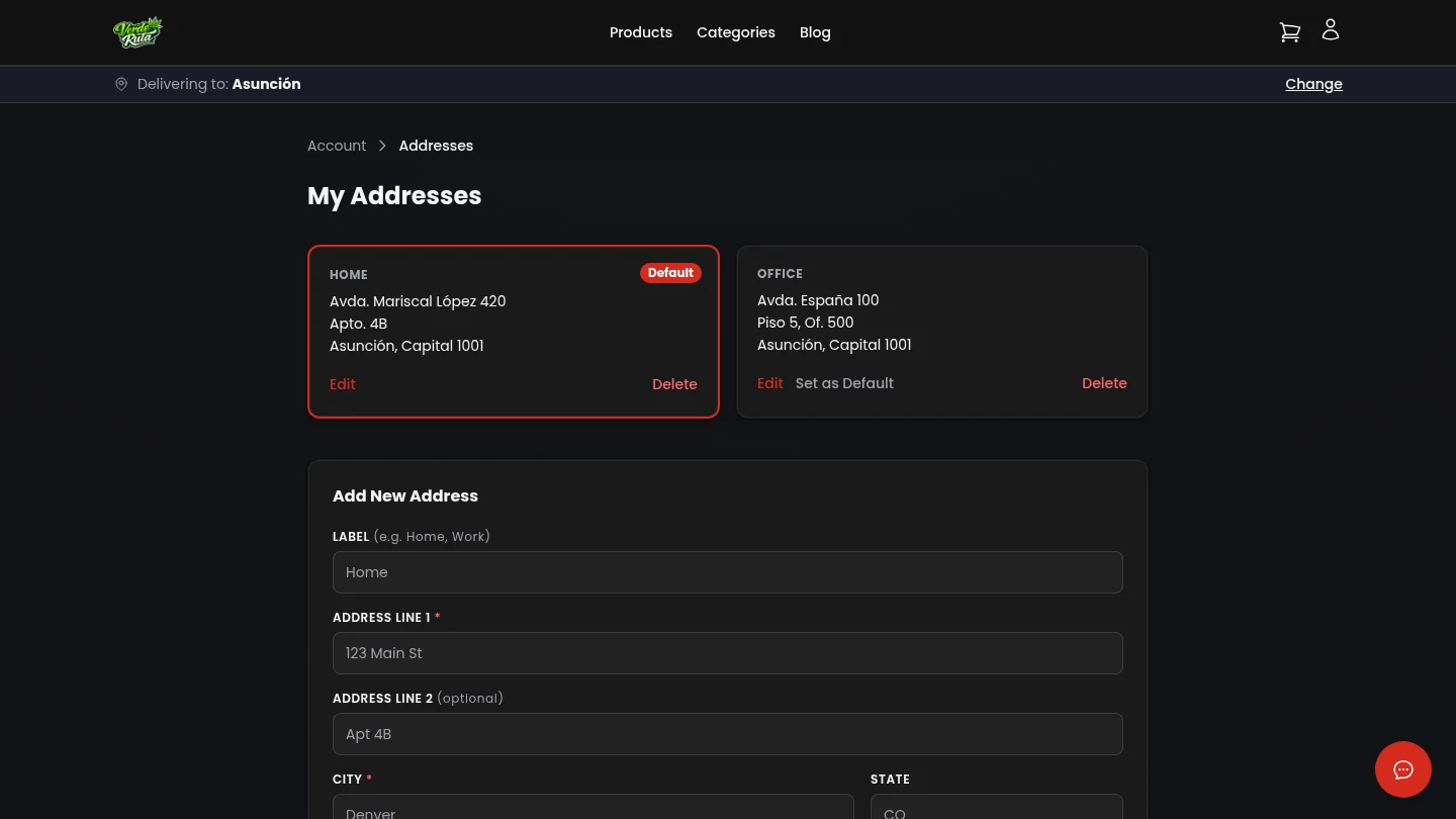 DabDash customer saved addresses management