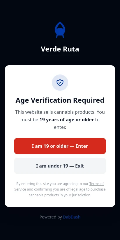 DabDash age verification gate asking visitors to confirm they are 21+