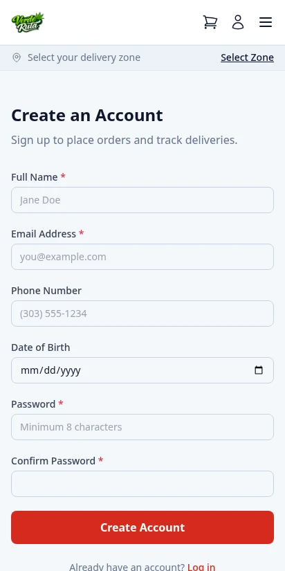 DabDash customer registration form — mobile view