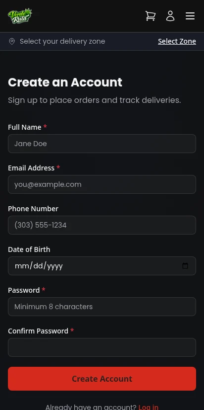 DabDash customer registration form — mobile view
