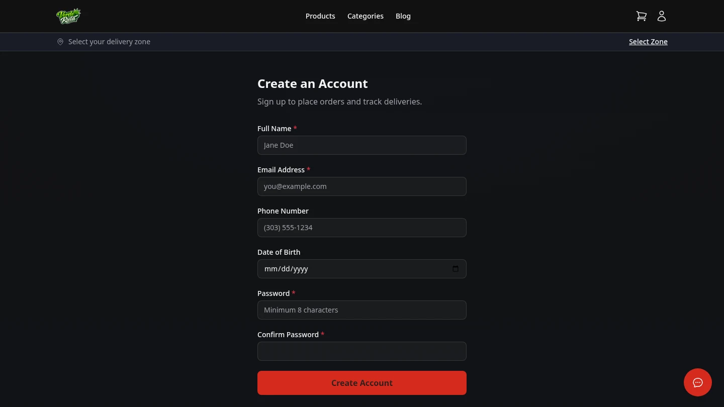 DabDash customer registration form