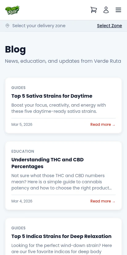 DabDash storefront blog listing with article cards — mobile view