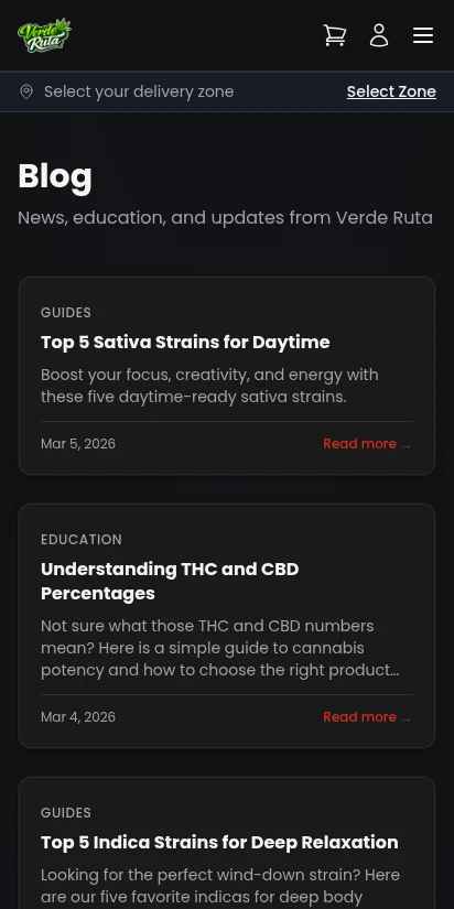 DabDash storefront blog listing with article cards — mobile view