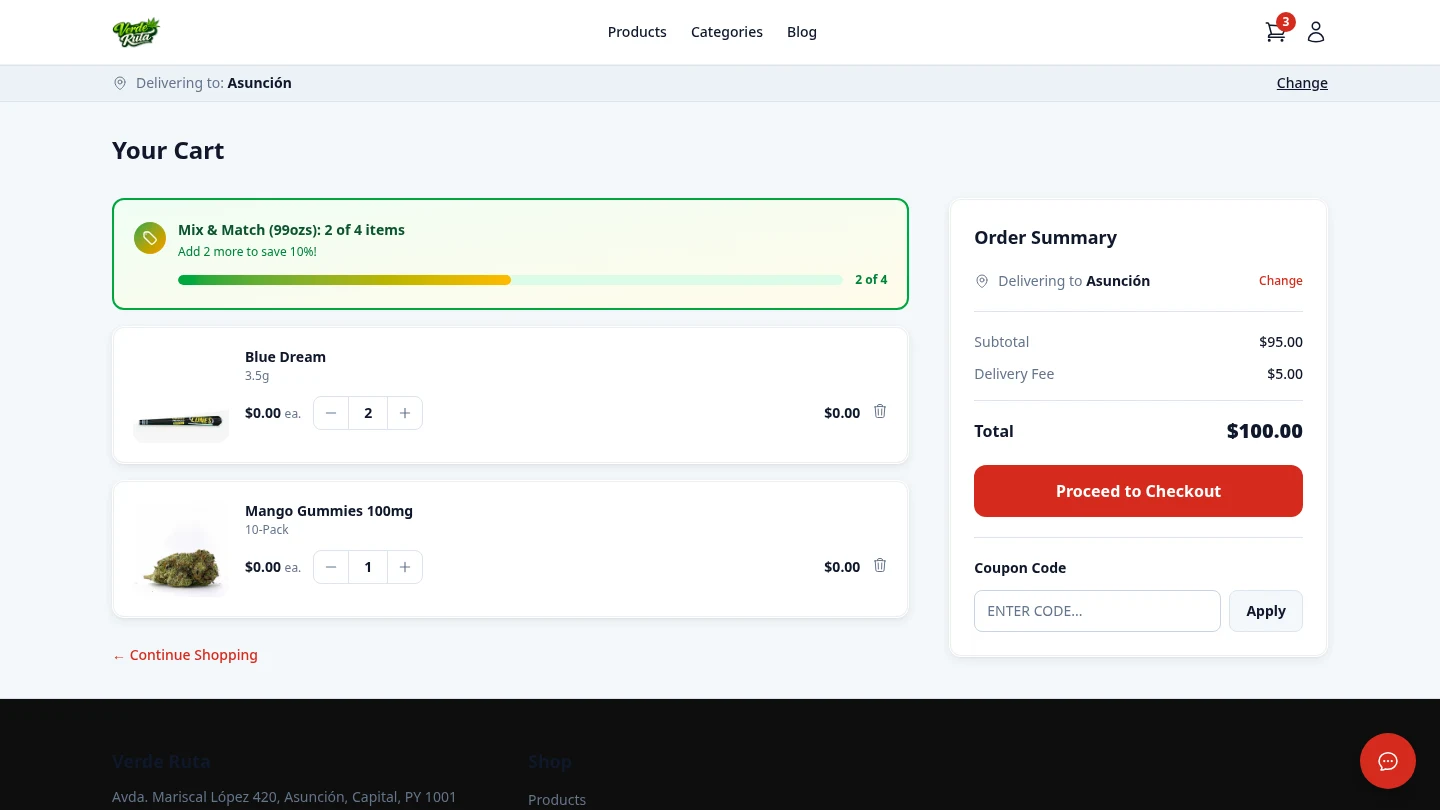 DabDash shopping cart with products, quantities, and subtotal