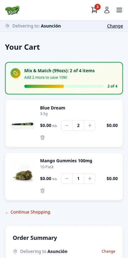 DabDash shopping cart with products, quantities, and subtotal — mobile view