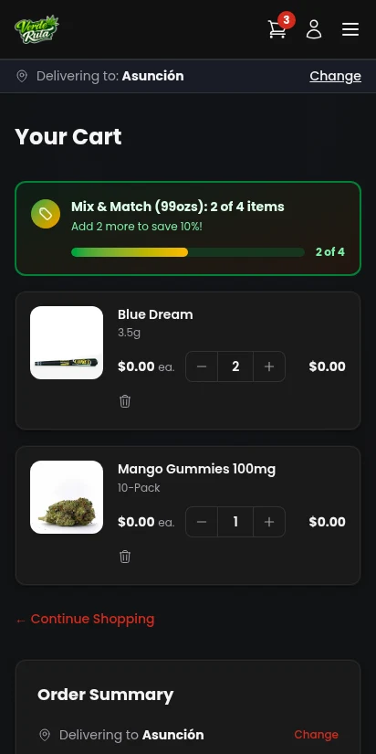 DabDash shopping cart with products, quantities, and subtotal — mobile view