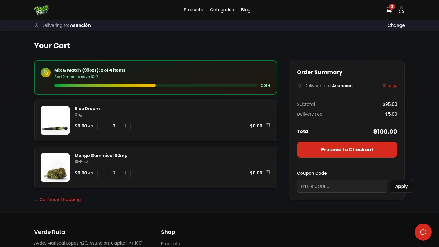 DabDash shopping cart with products, quantities, and subtotal