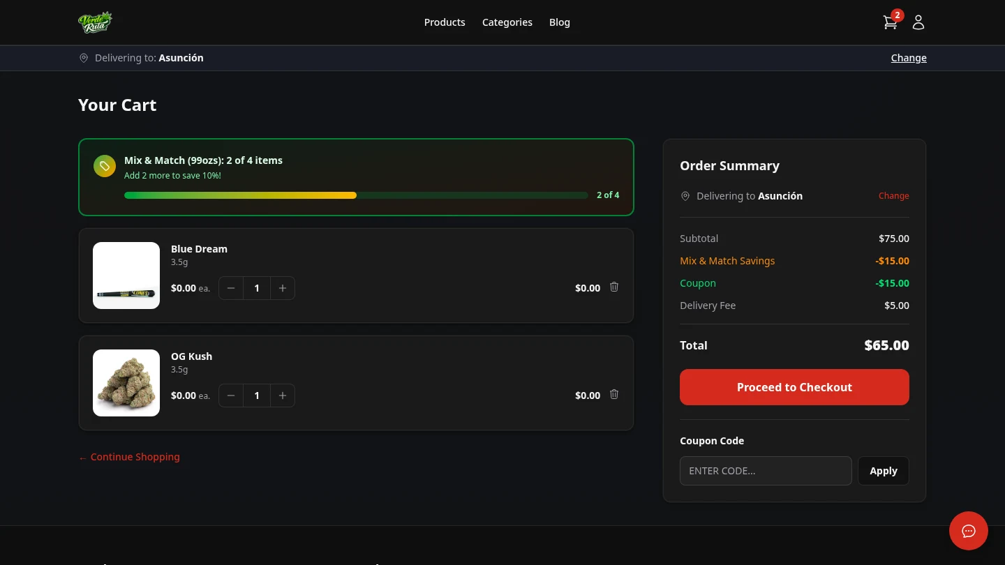 DabDash cart with coupon code applied showing discount