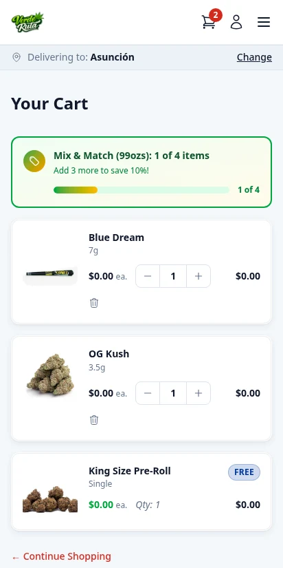 DabDash cart with automatic freebie reward added — mobile view