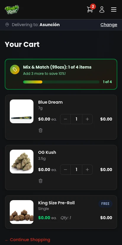 DabDash cart with automatic freebie reward added — mobile view