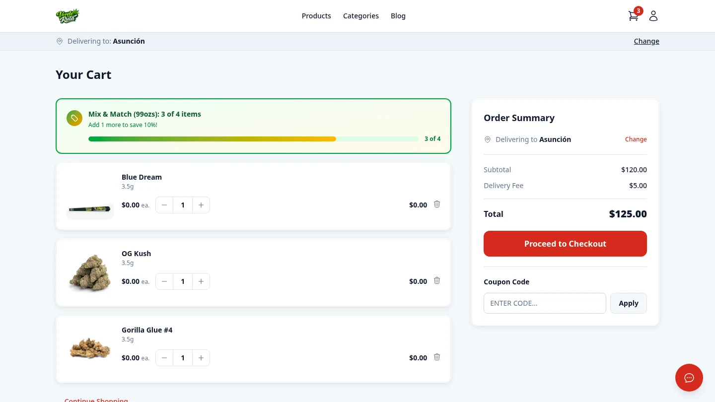 DabDash cart showing mix and match progress bar at 75 percent nudging customer to add one more item