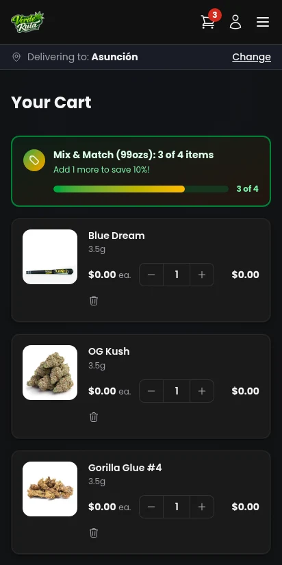 DabDash cart showing mix and match progress bar at 75 percent nudging customer to add one more item — mobile view