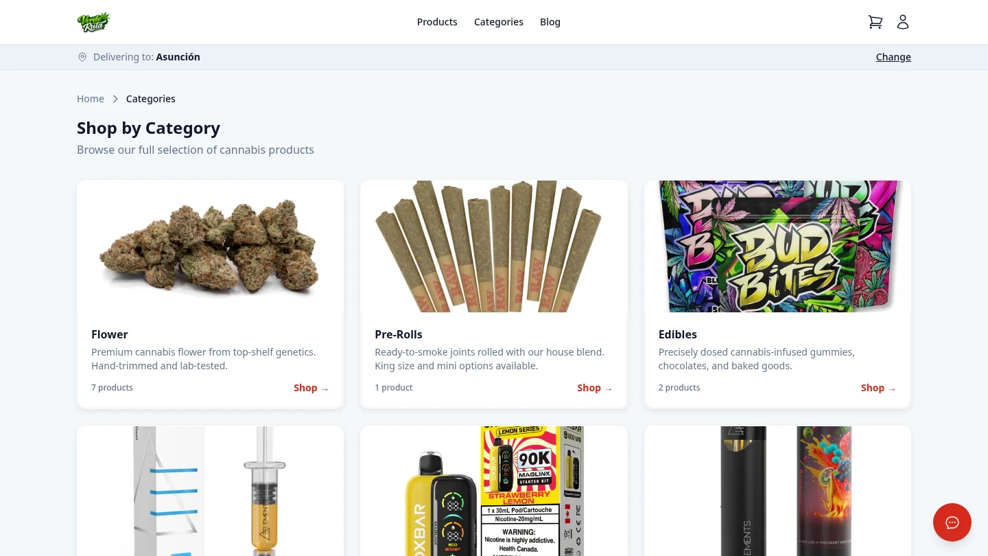 DabDash storefront category listing with product counts