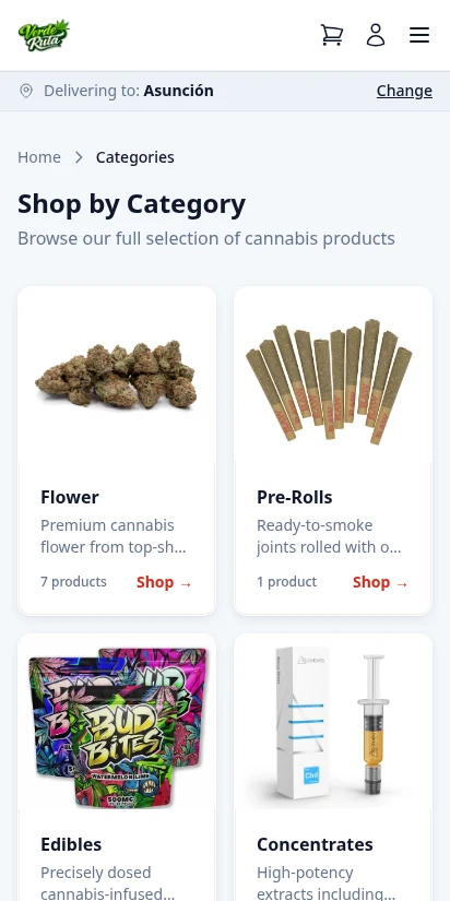 DabDash storefront category listing with product counts — mobile view