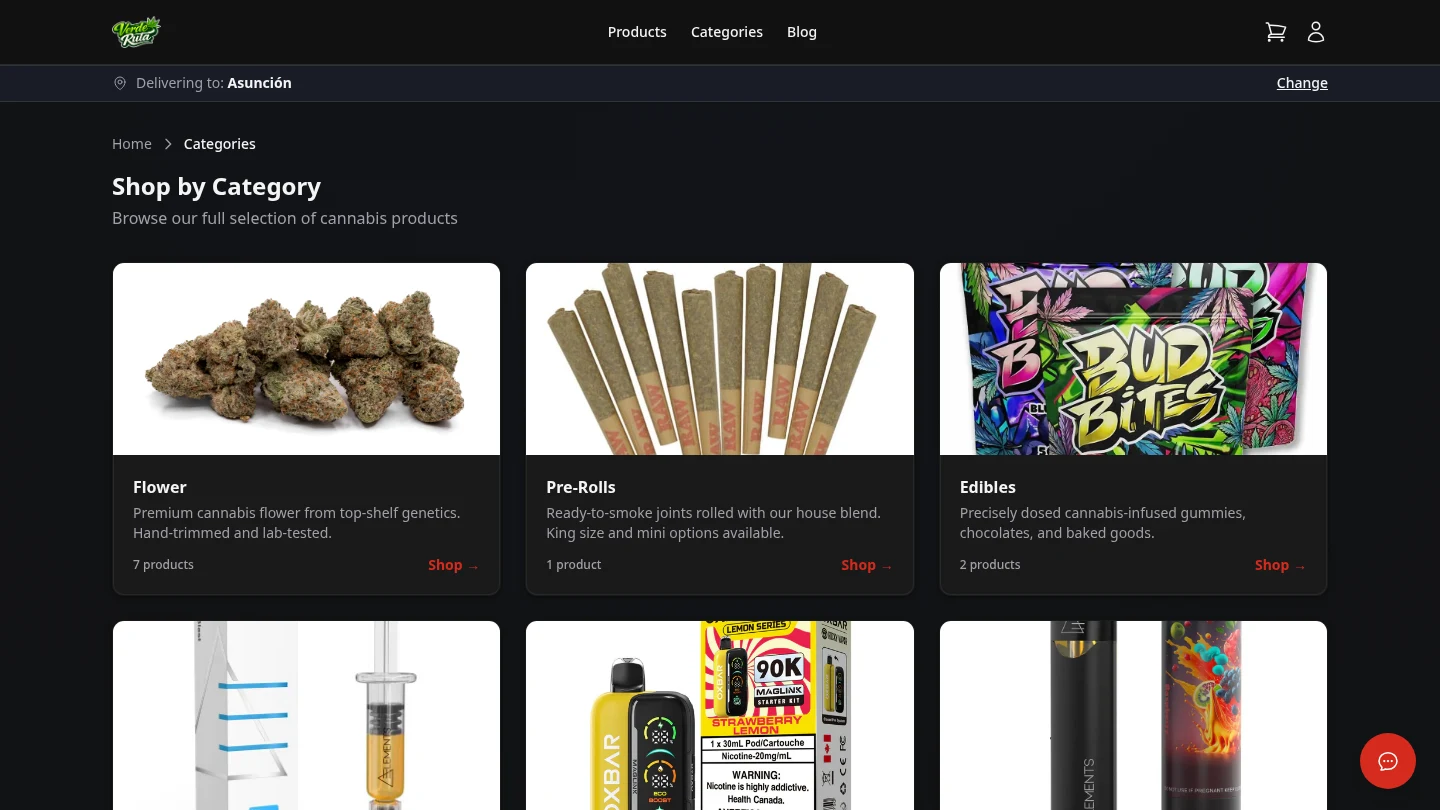 DabDash storefront category listing with product counts