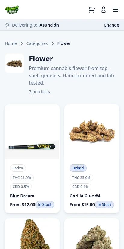 DabDash storefront flower category showing filtered products — mobile view