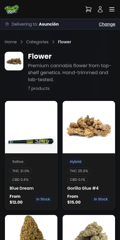 DabDash storefront flower category showing filtered products — mobile view