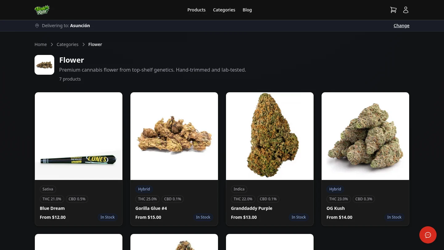 DabDash storefront flower category showing filtered products