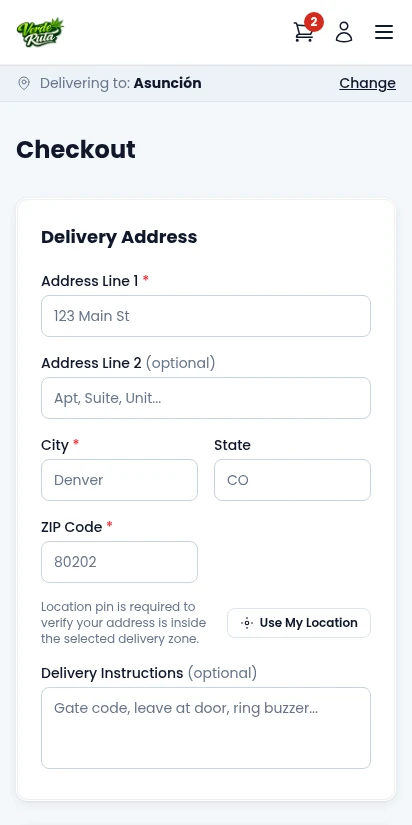 DabDash guest checkout form with delivery address and payment — mobile view