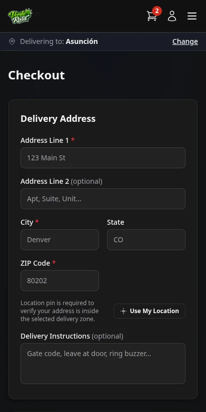 DabDash guest checkout form with delivery address and payment — mobile view