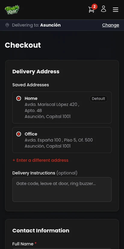 DabDash authenticated checkout with saved address and details — mobile view