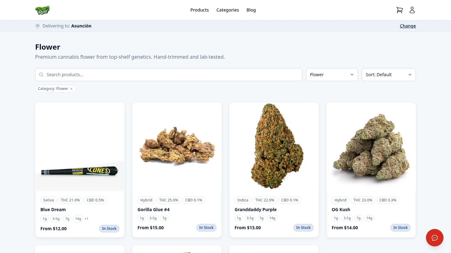 DabDash storefront product listing filtered to Flower category showing strain type badges and pricing