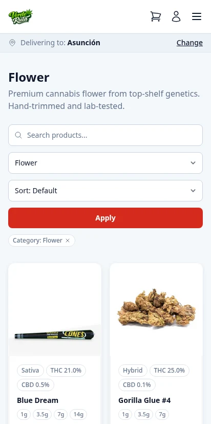 DabDash storefront product listing filtered to Flower category showing strain type badges and pricing — mobile view
