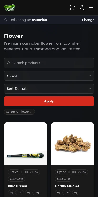 DabDash storefront product listing filtered to Flower category showing strain type badges and pricing — mobile view