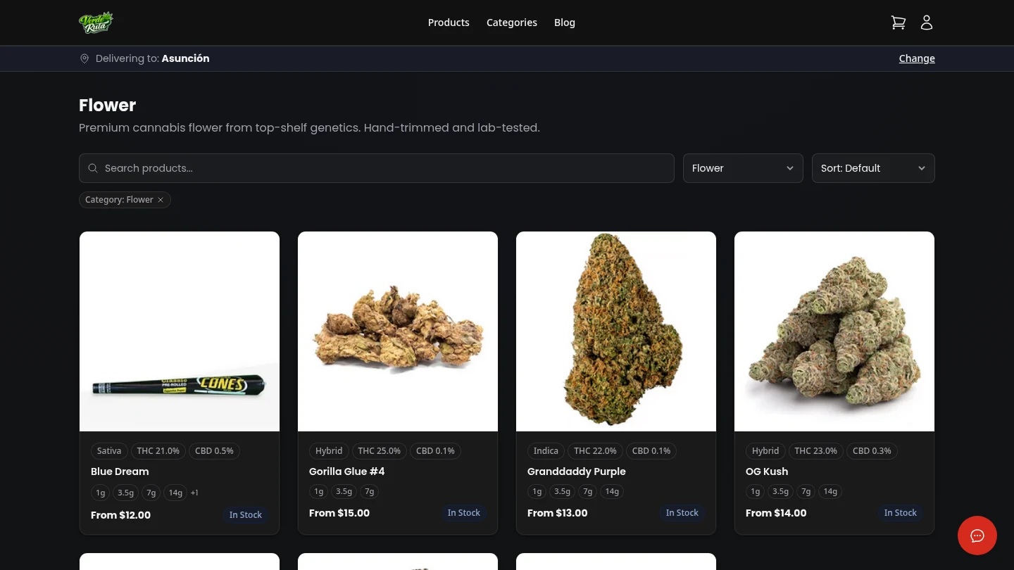 DabDash storefront product listing filtered to Flower category showing strain type badges and pricing
