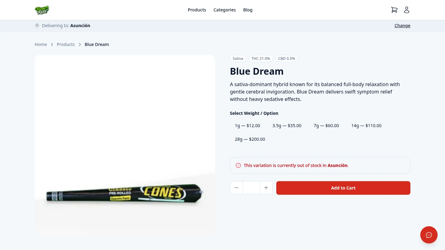 DabDash product detail page for Blue Dream with strain info and variation selector