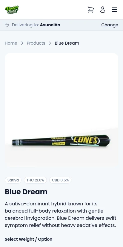 DabDash product detail page for Blue Dream with strain info and variation selector — mobile view