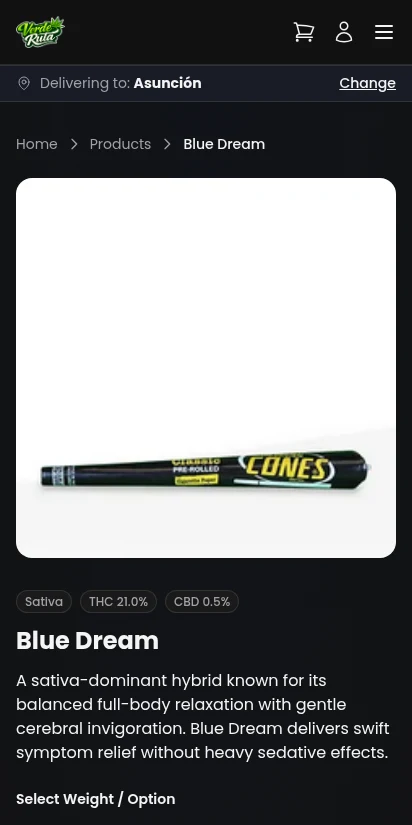 DabDash product detail page for Blue Dream with strain info and variation selector — mobile view