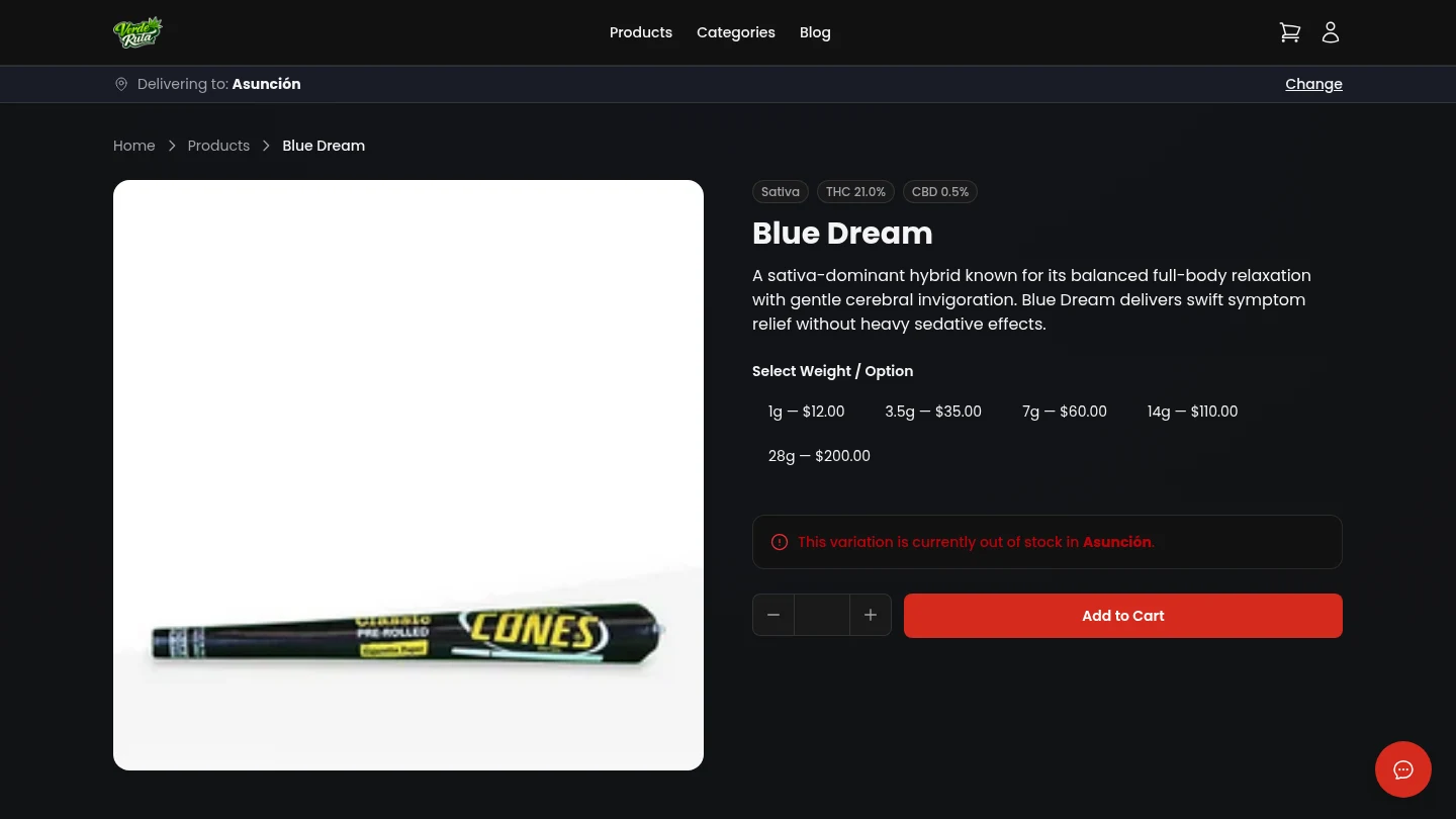 DabDash product detail page for Blue Dream with strain info and variation selector